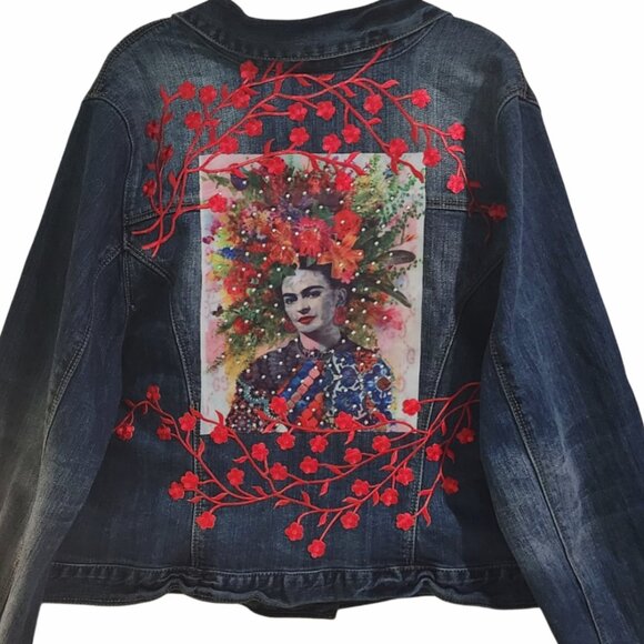 Frida Kahlo Floral Upcycled Custom Denim Jacket, Size 16 - Picture 6 of 7